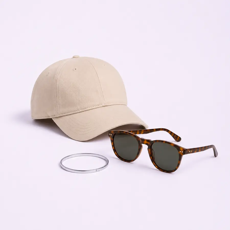 Unbranded cap, sunglasses, and bracelet